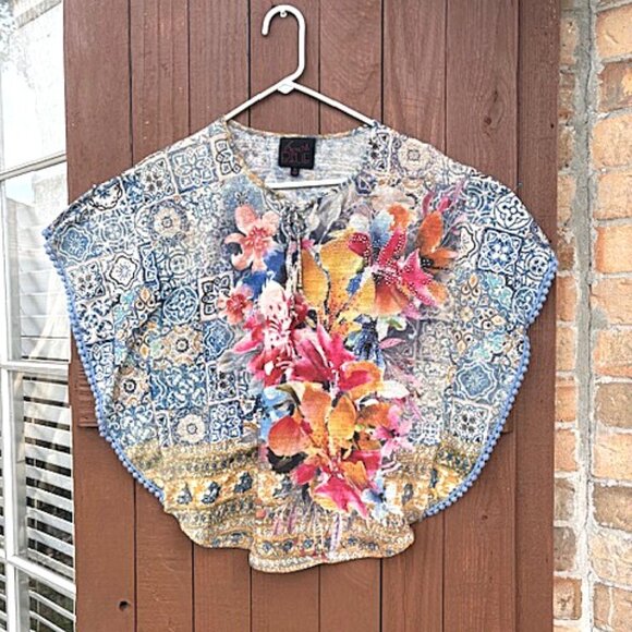 french BLUE Floral decorative top PONCHO Tie front POMPOM edging Sz S preowned - Picture 1 of 8